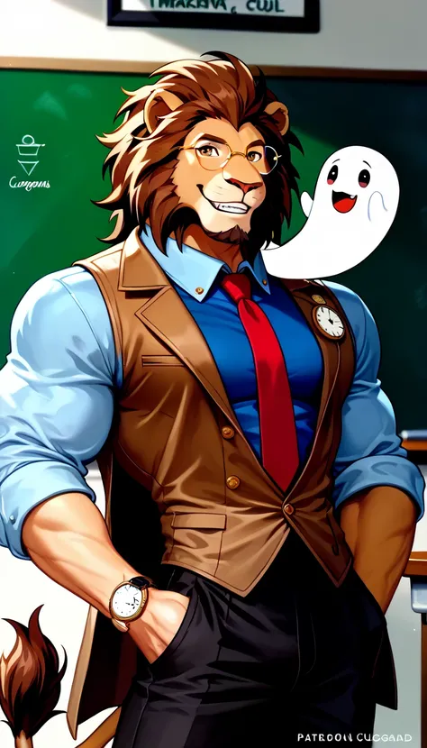 ((best quality)), ((masterpiece)), (detailed), perfect face ((Cornelius is a middle-aged medium anthro muscular brown and tawny lion with a ponytail, feline, male, lion, furry, does not have a lion's mane, big lion man, male, stud, perfect lion face, eyesg...