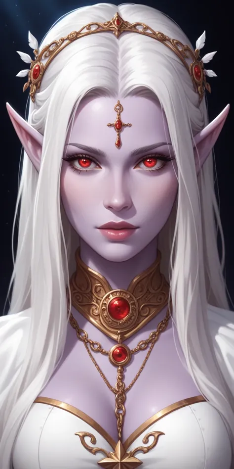 Female Drow Elf with long white hair, lavender skin, red eyes and big chest. Lolth cleric. Portrait.