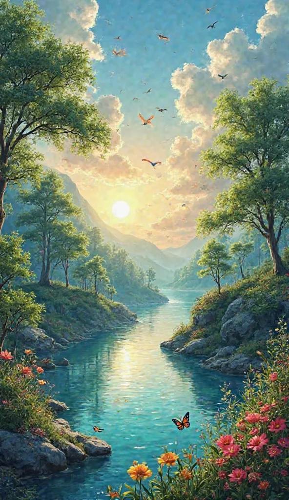 An exuberant landscape at sunrise. Green trees sway gently in the wind. A crystal clear river flows through the scenery, reflecting the blue sky. Colorful birds fly in the sky, and a butterfly lands on a flower.