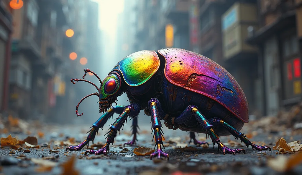 a rainbow-colored Beetle in the inner city