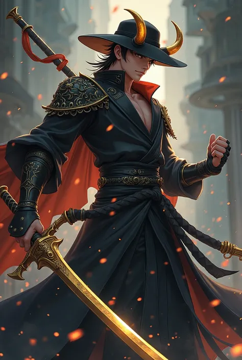 ((Masterpiece)), ((Ultra-detailed anime character)), ((8K resolution)), ((Cinematic lighting)), ((Dynamic pose)), BREAK — A **striking anime warrior**, exuding confidence and power. He wears a **sleek black brimmed hat**, casting a slight shadow over his i...