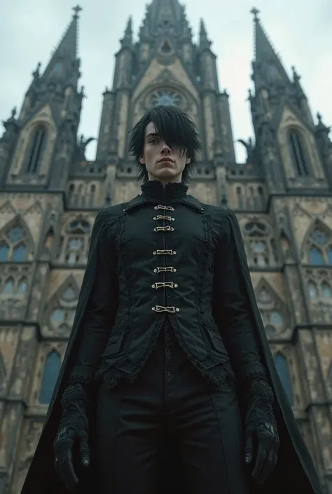 Boy dressed in black with gothic style and dark hair in front of a huge church