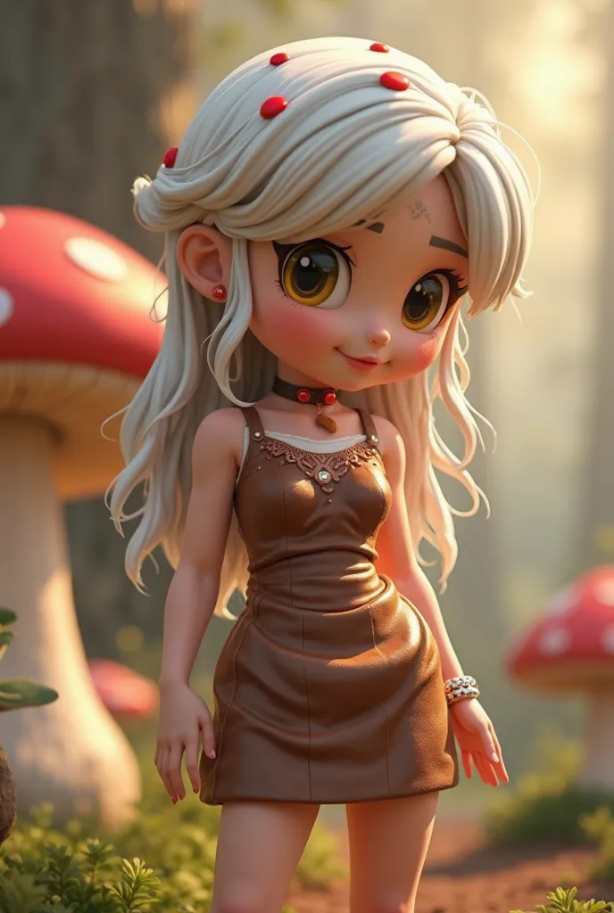 Create a hyper-realistic full-length girl inspired by Super Mario's Goomba. She has a slender body with a soft skin texture reminiscent of a mushroom cap: brown rings with smooth transitions and a velvety surface. Her hair is long, snow-white like a mushro...