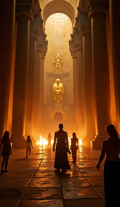 POV: Entering the forbidden temple of Sodom, hands touching cold marble columns, golden idols shining in torchlight, incense filling the air, shadowy figures performing ancient rituals, mysterious yet majestic atmosphere.