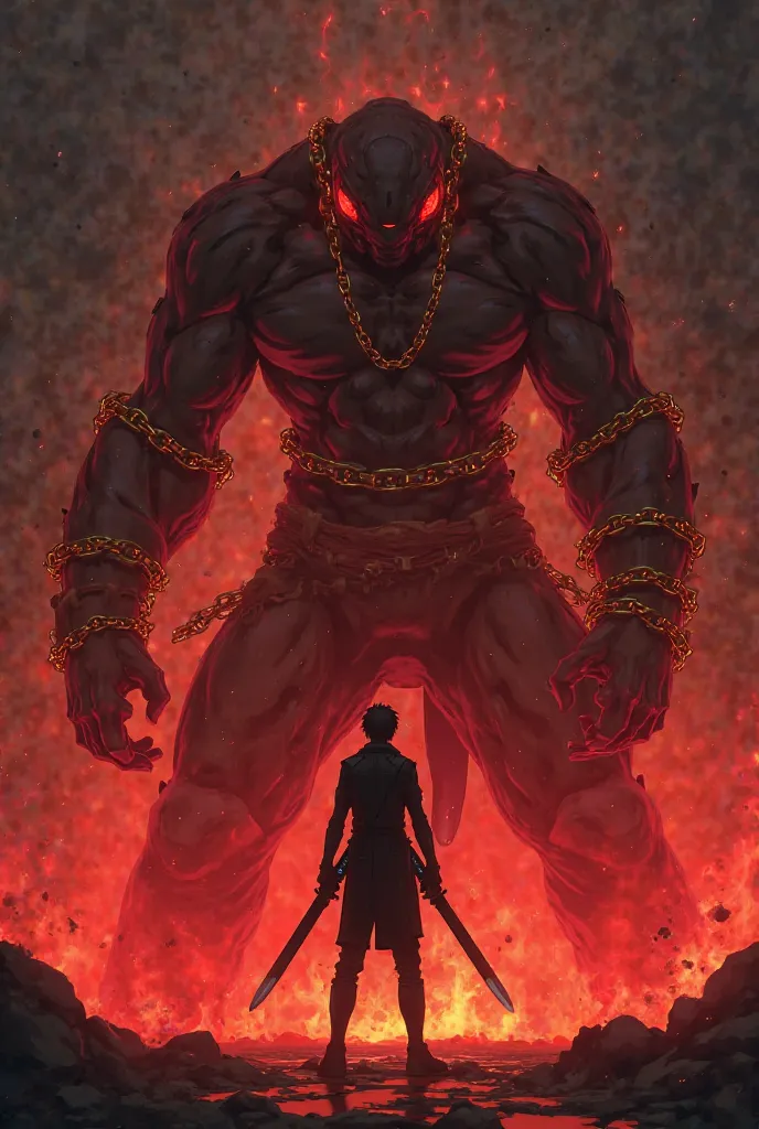 Kirito from sword art online turning his back to the camera holding his two swords in each hand with a monster in front of him that is in red flames and tied with large golden chains all over his body