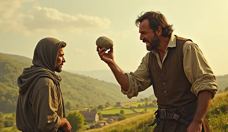 An angry farmer grabs a small stone and on one side is a shepherd looking the other way
