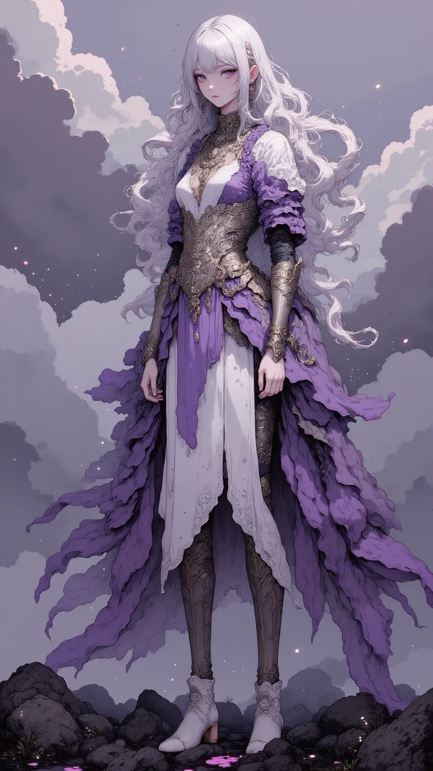 Exploring the mysterious character Amira，Ultra HD dreamy digital art，A mysterious female knight，with flowing silver hair and charming purple eyes，Wears an ethereal white and lilac costume，Standing on a stormy battlefield，In the hazy mist，Her rich materials...