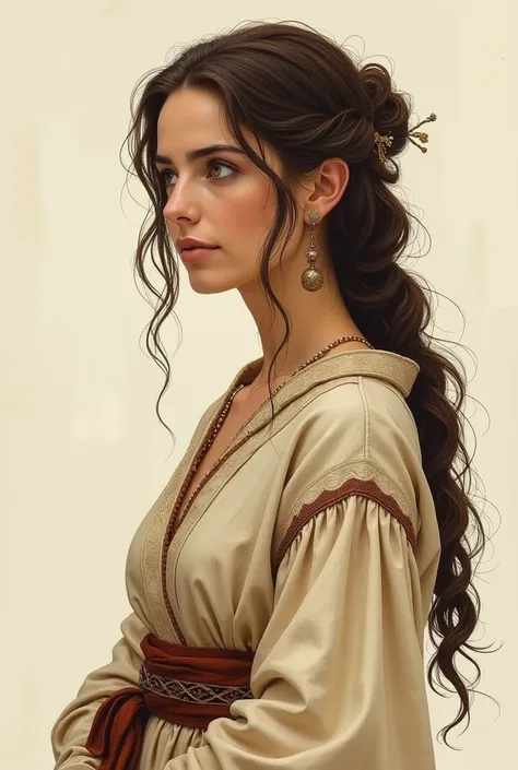 I would like a feminine biblical drawing for ren, adult in old Jewish clothing, who doesn't wear earrings or jewelry or ornaments in his hair, I want a humble character, female and adult that is a drawing.