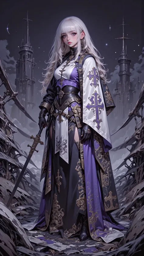 Exploring the mysterious character Amira，Ultra HD dreamy digital art，A mysterious female knight，with flowing silver hair and charming purple eyes，Wears an ethereal white and lilac costume，Standing on a stormy battlefield，In the hazy mist，Her rich materials...