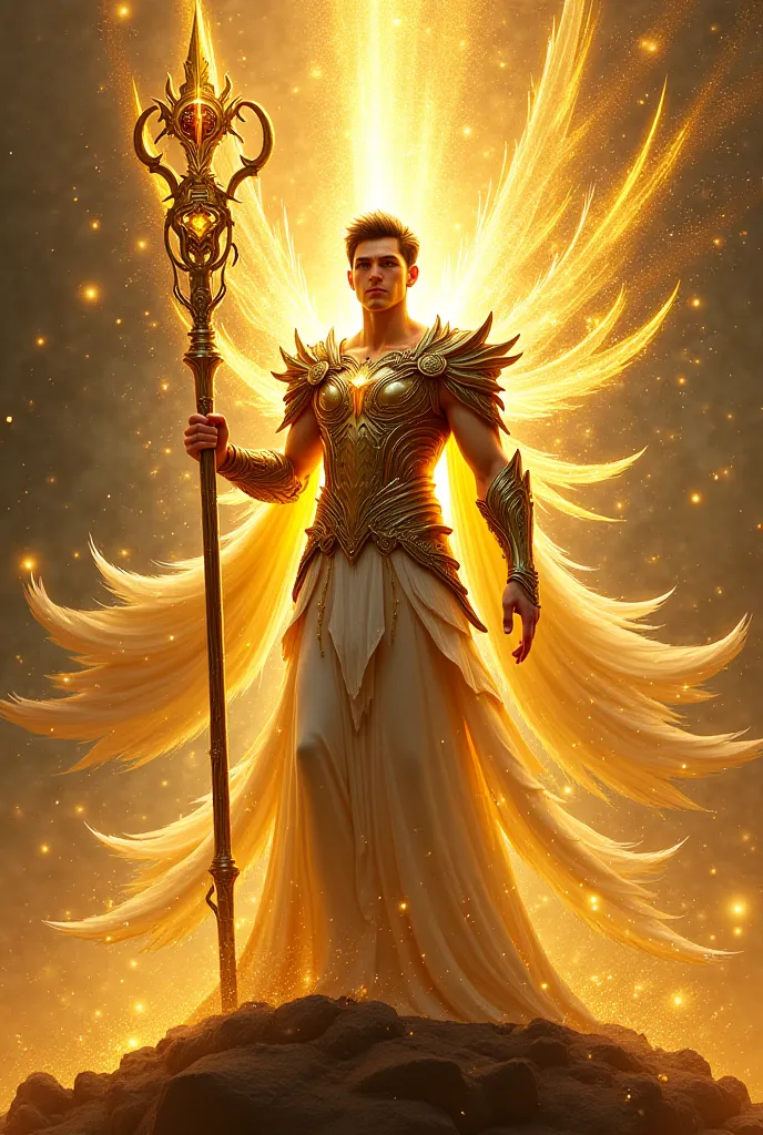 Magnificent Celestial male being with so much glory dressed like a warrior holding a beautiful and magical long staff. Theme color is gold and white and yellow 
