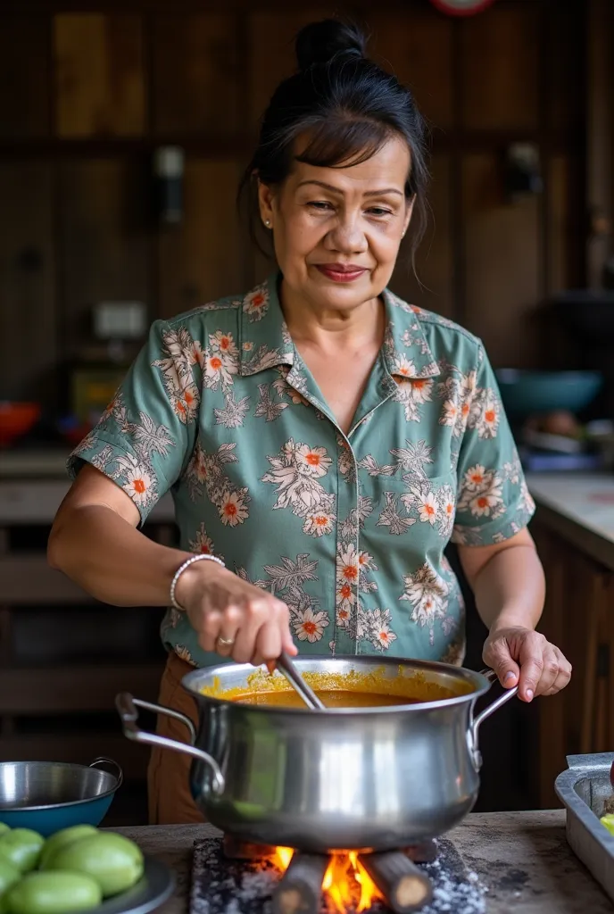 Photo of a middle-aged Asian woman, 50 years old, with a good figure, fair skin, wearing a floral shirt, brown pants, boiling Khanom Jeen curry. A stainless steel pot is placed on a charcoal stove. The kitchen is made of old wood.