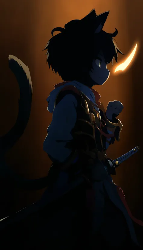 masterpiece, best quality, amazing quality, very aesthetic, absurdres, newest, (masterpiece), (highly detailed), (1boy:1.3), (shota:1.3), (Furry humanoid cat boy:1.3), black hair, (black fur:1.3), two tails, anime-style hero, wearing a sleek armored vest w...