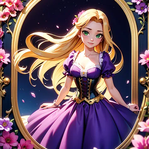 high quality, very long hair, blonde hair, green eyes, purple dress, puffy sleeves, short sleeves, corset, flat chest, Rapunzel, Disney Rapunzel, Disney Tangled, art noveau, floral border, flower border, floral, detailed, beautiful, ethereal, purple detail...