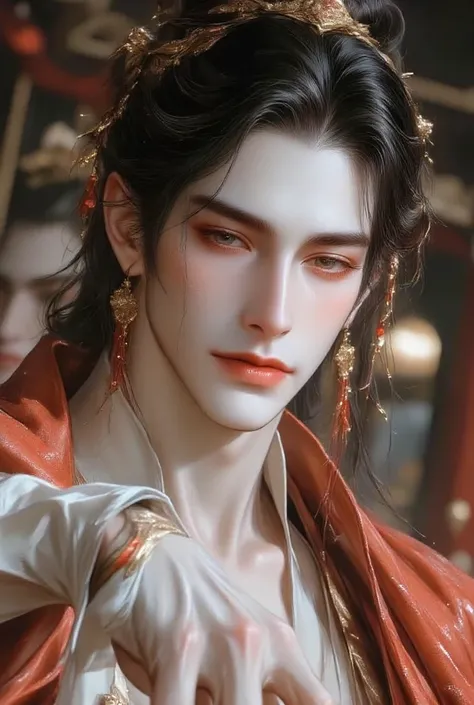 (masterpiece,best quality,ultra_detailed,highres,absurdres),1 mature male, 30-ish, (very wide shoulder), (muscular), male focus, solo, black absurdly long hair, long hair, loose half tucked hair, emperor's clothes, emperor's uniform, Hanfu, emperor, Chines...