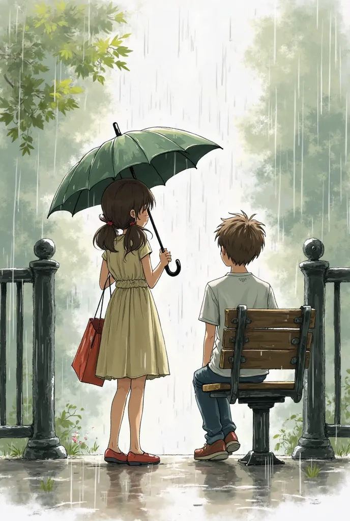 poetic drawing, a girl is holding an umbrella for a boy at the park gate, the boy is sitting on a park bench, both are about . The girl was wearing a two-strap dress, her hair was in two pigtails, and she was holding a shopping bag in her hand. The guy was...