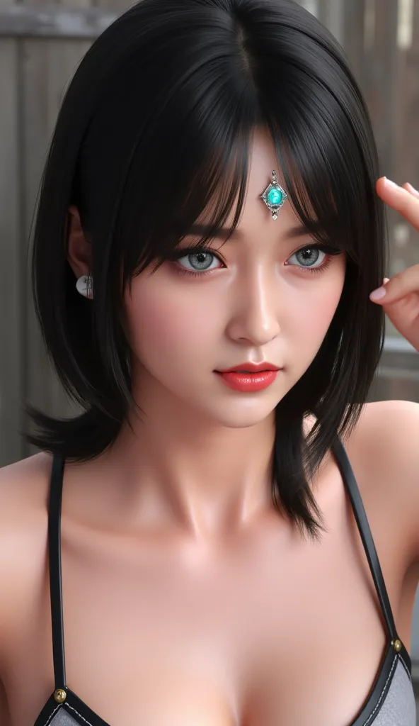 1girl, Solo, Black Hair, Medium Hair, Straight Hair, Tied Hair, Wet Hair, Hair Behind Ear, Blue eyes, Closed Mouth, Wide-Eyed, Red Lips, Long Eyelashes, Forehead Jewel, Flower On Head, Bead Necklace, Sexy Body, High Resolution, Masterpiece, Accurate, Anato...