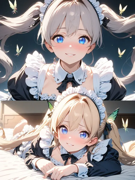  Blonde Twin Tail Maid Daughter , (Highest quality), not exhaustive, 8K product, aesthetics, Volume Lighting, very well detailed (Fairy), (one girl:1.2), perfect face, exhaustive, Double Twintails,  Brant Bang, gray hair,  blue eyes, pink,  Thin Smile , po...