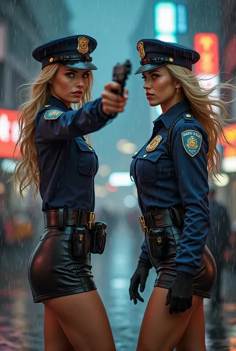 2 Female、American Beauty、Super beautiful、Facial beauty、blue eyes、Standing、New York Police Uniform、mini skirt、Golden Hair、Night Street、Backlight、The wind is blowing、it&#39;s raining、He is looking intently at the barrel of the gun.、Thigh-up shot、pointing pis...