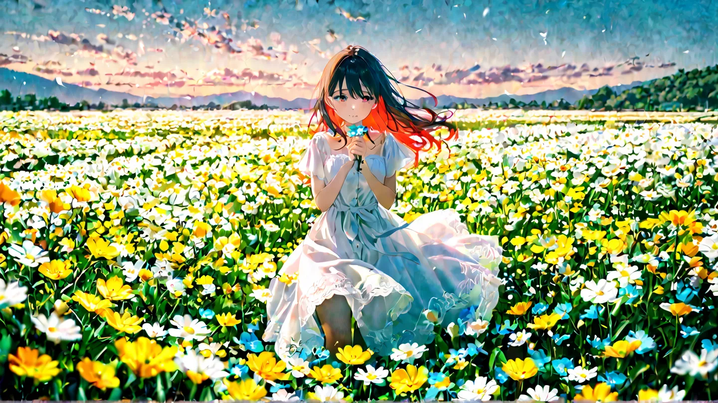 beautiful girl,Rape flower field,Soft Breeze, Soft Light , Natural Scenery,high quality,4K, delicate details,Vivid color, delicate skin texture , attractive look,graceful behavior,Soft Focus, on the hem ,Digital Illustration