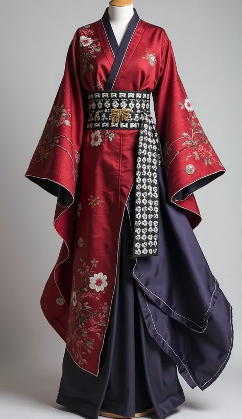 
“Design an elegant and modernized kimono-inspired outfit that merges traditional Japanese aesthetics with contemporary fashion. The ensemble should feature an asymmetrical silhouette with a combination of luxurious textures, creating a balance between cla...