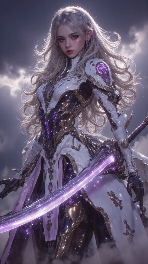 Exploring the mysterious character Amira，Ultra HD dreamy digital art，A mysterious female knight，with flowing silver hair and charming purple eyes，Wears an ethereal white and lilac costume，Standing on a stormy battlefield，In the hazy mist，Her rich materials...