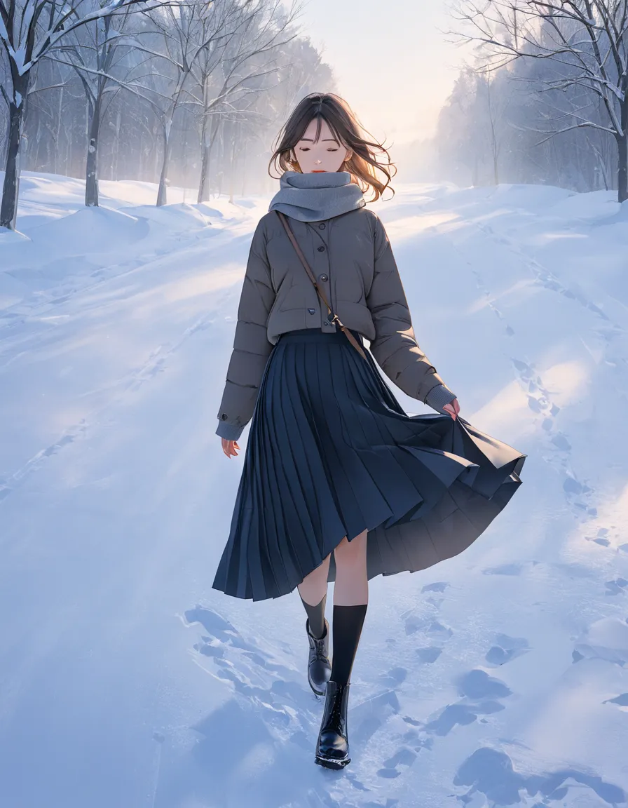 A woman wearing a skirt is walking in the snow