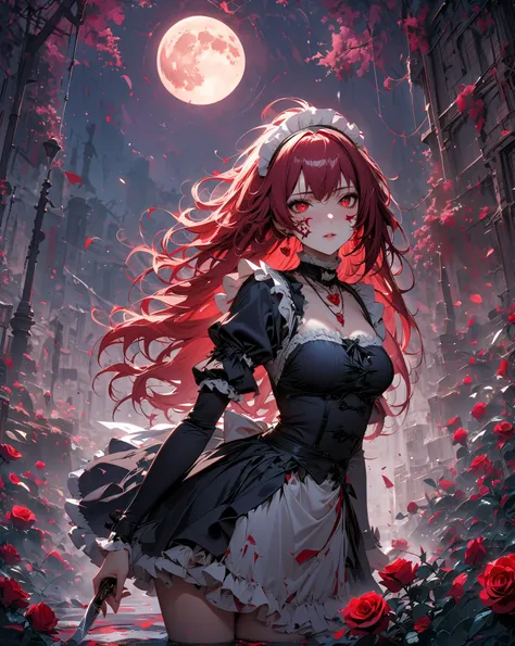 one girl、(Hold the knife)、 light blue maid outfit、 red face paint 、Red Eyes、Cruel Laughter、Ruby Earrings、Ruby Necklace、 full moon、Rose Wall、red and purple two-tone long hair、Hi-Res, masterpiece, accurate,