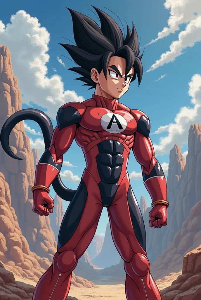 Young Saiyan of 21 years old in a red and black suit with an A on his chest and has a black tail and red eyes 