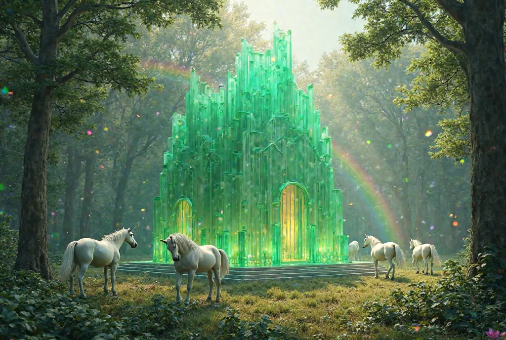 Temple made entirely of green glass
 totally translucent in the middle of a mystical forest with a rainbow in the background and many orbs of light, Unicornios, without people 

