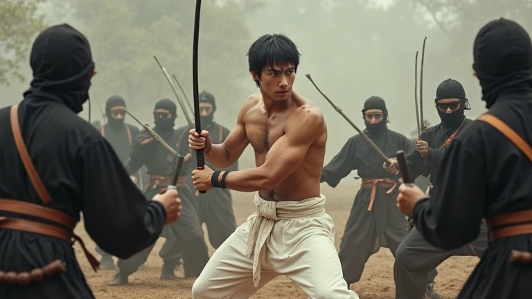 a western man with short black hair, a sturdy body, no fat, no clothes. he was wearing white trousers. is posing in a karate stance using a stick. he was surrounded by people dressed as ninjas too, circling the main character, they struck an attacking pose...