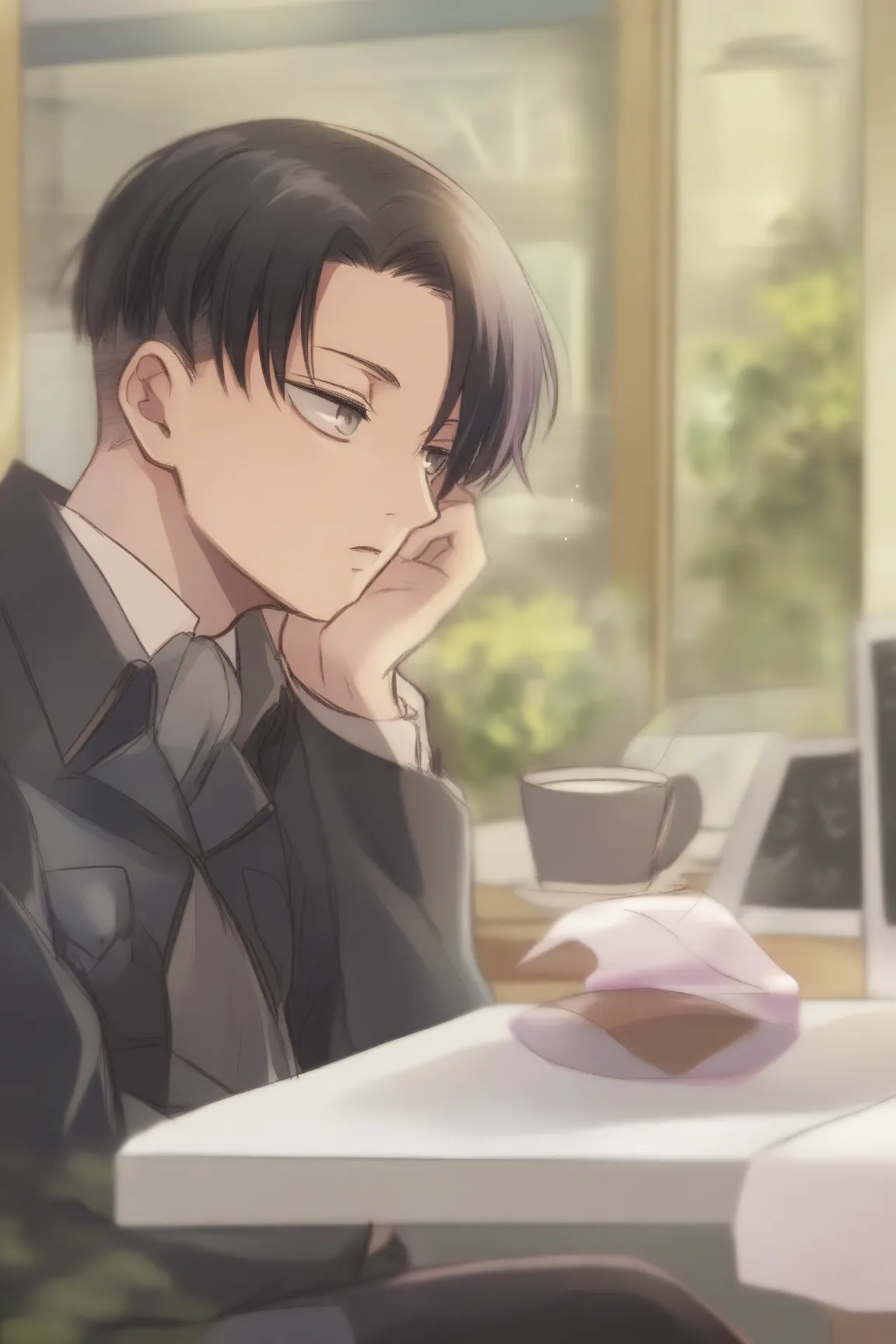 Relaxed scene of Levi Ackerman drinking coffee at a cafe。His fans are curious all around him々I'm watching