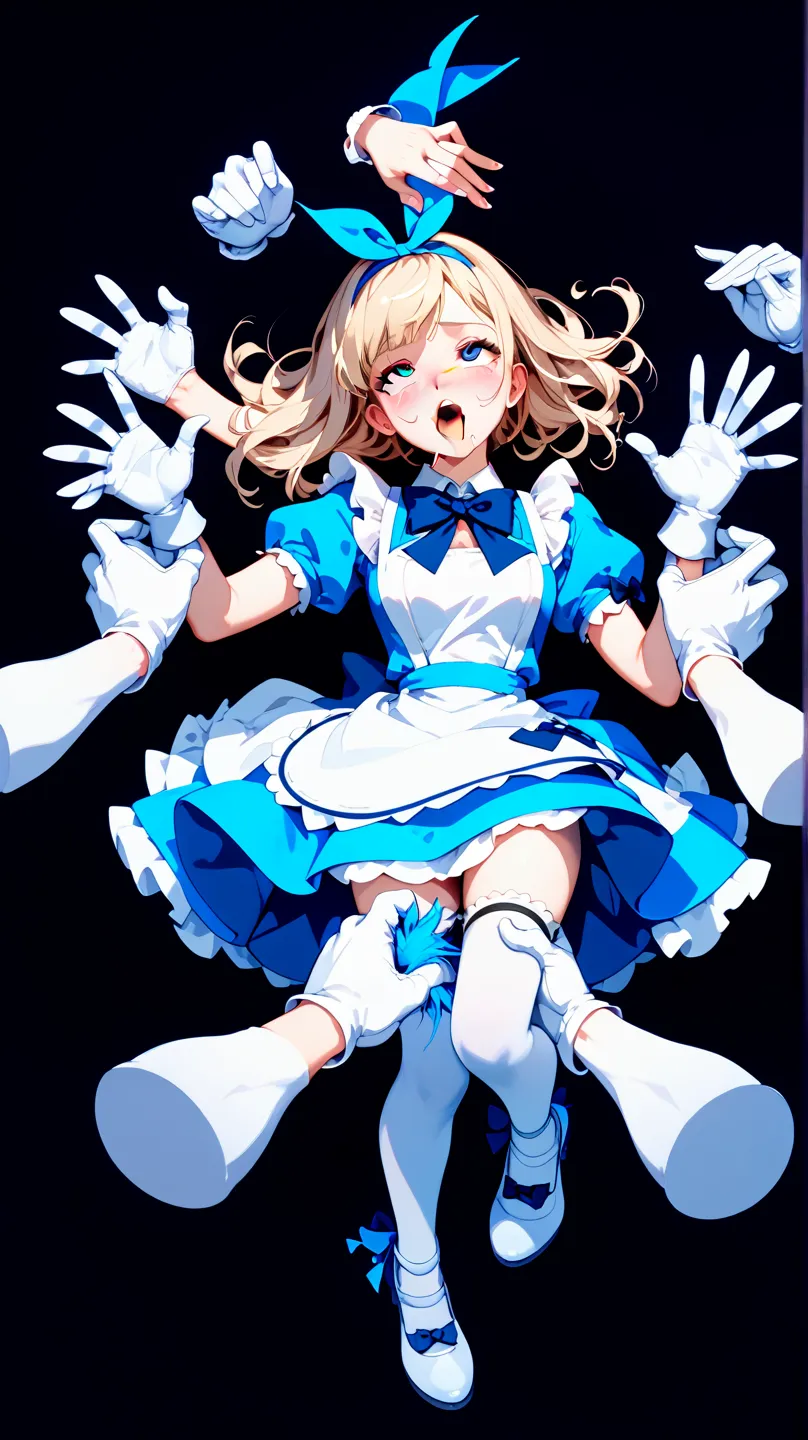 nsfw,  Alice in Wonderland,black background、 focus on the girl, one girl, Alone, Front , full body,  ahegao, Many Hands,Hand with white gloves from wrist to fingertips , tickled by Hands with White Gloves , Multiple white gloves,Hand with white gloves touc...