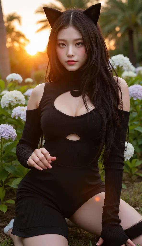 ((Picture of a girl sitting、Sitting flat photo、solo、posing on all fours、 beauty、beautiful wavy black hair with one side medium hair over one ear、 Beautiful Butts 、 perfect style with both legs、One hand on the ground、The gesture of putting a hand at the mou...