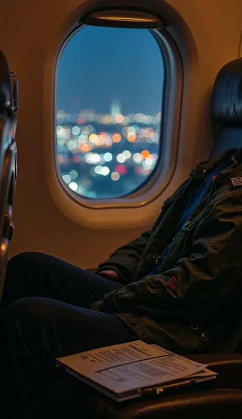 POV shot of legs sitting next to window seat of a private jet, looking down at the city lights of Washington, D.C., disappearing into the night. Inside the cabin, a military-style jacket is draped over a leather seat, a briefing folder with classified docu...