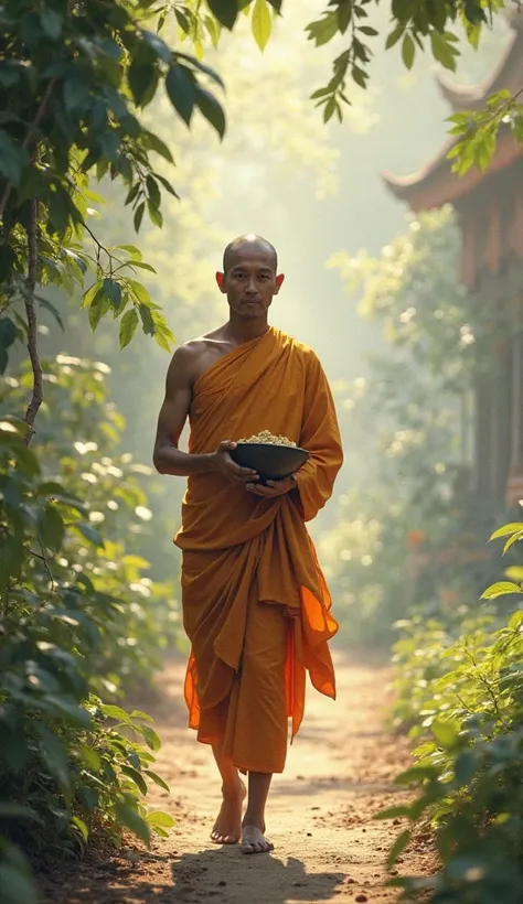 A lone Thai monk was walking Bindabat in the morning.