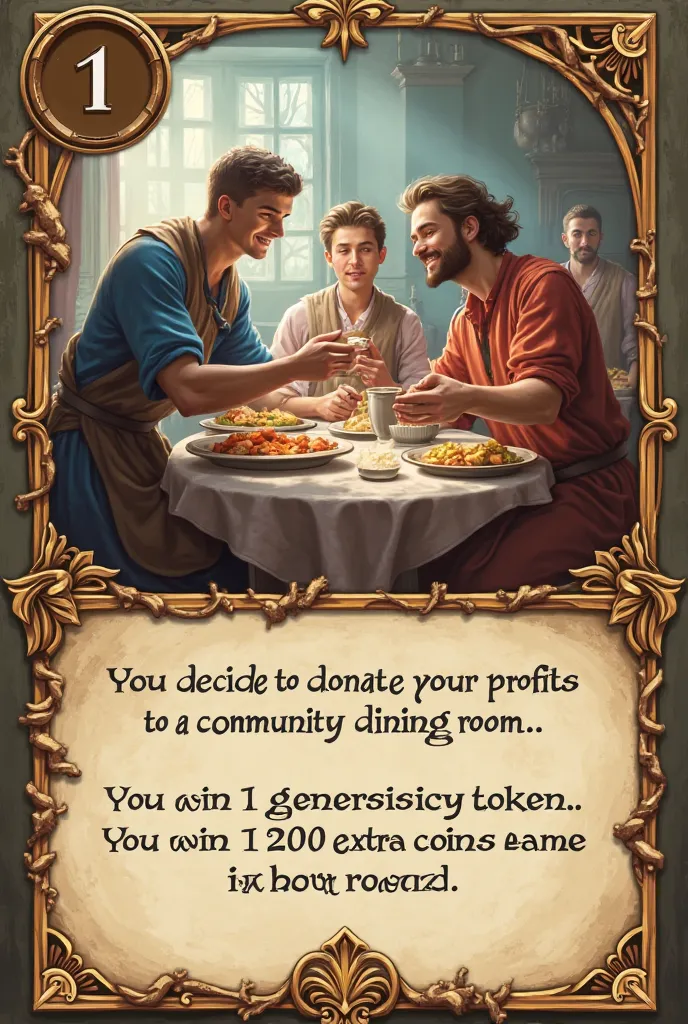  CREATE ME A card for a game measuring 6cm x 8 cm that has this content  ""You decide to donate part of your profits to a community dining room. You win 1 generosity token and 200 extra coins in the next round." Place the text on the card with an allegoric...