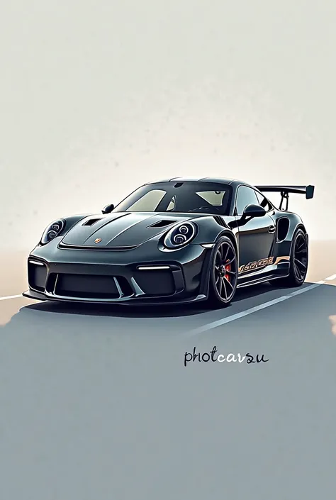 Make me a logo for a clear page with a Porsche gt3rs 992 in the background with the text photocarssv in the center