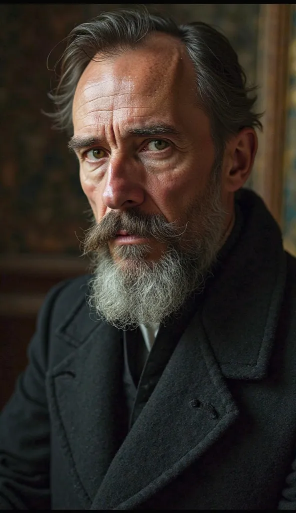 Close-up of Gregory Rasputin with a direct look at the camera, blurred background with text highlighted in modern letters: 'Saint or Manipulator?', historical portrait style with modern touches, dramatic lighting, enigmatic and inviting expression