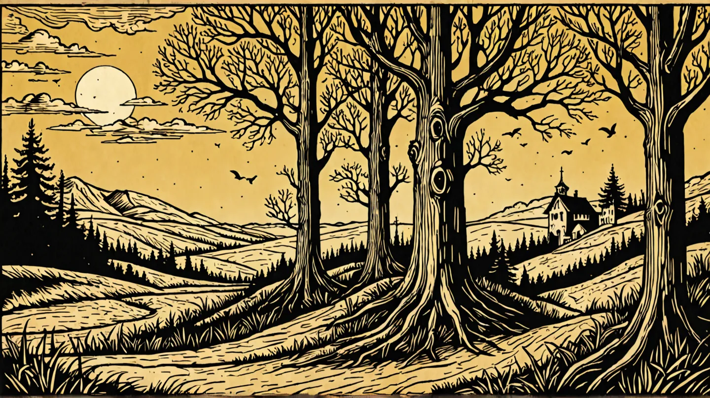 Create a rustic woodcut style image digital art surreal, using only black, beige and yellow colors.

Crie uma imagem grande ,  de Deus sentado em seu trono dourado e muitos anjos o louvando