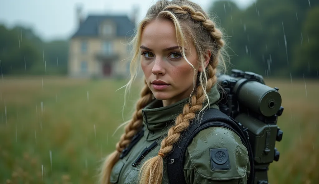 rain, beautiful 21 curvy Ohio woman, amber eyes, long blond braided hair, Military mech Space Suit, epic character composition, sharp focus, French Estate in the background, natural lighting, subsurface scattering, 85mm, film grain, pale skin (completely i...