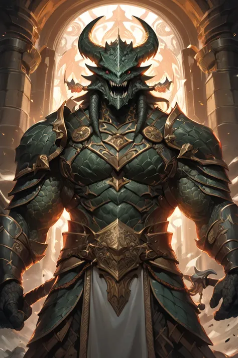 masterpiece, Dragonborn Man with Two Heads and Four Arms, great divine warrior wearing heavy plate armor adorned with draconic props that a multicolored circular symbol stands out on his chest, Its gray scales have green features and on the top of its head...