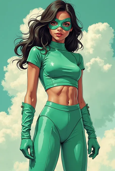 Mexican girl age 14 as superhero wearing latex mint green crop top and mint green tight underwear,mint green gloves and mint green molded eye mask. .In the styles of comic books 