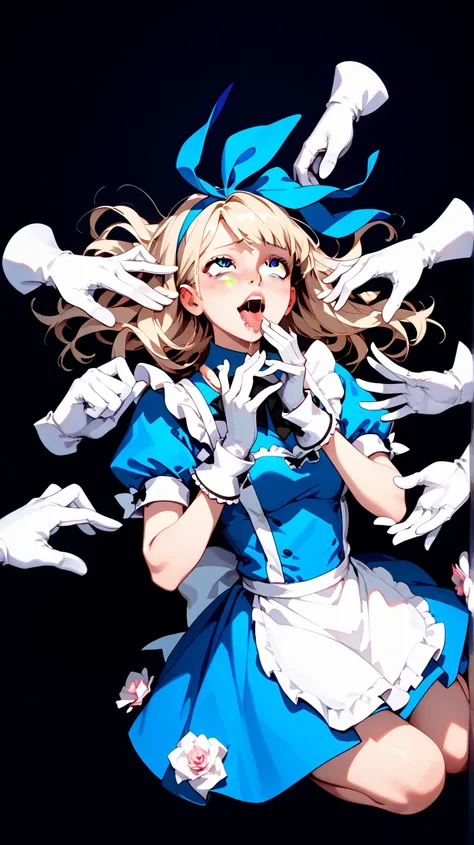 nsfw,  Alice in Wonderland,black background、 focus on the girl, one girl, Alone, Front , full body,  ahegao, Many Hands,Hand with white gloves from wrist to fingertips , tickled by Hands with White Gloves , Multiple white gloves,Hand with white gloves touc...