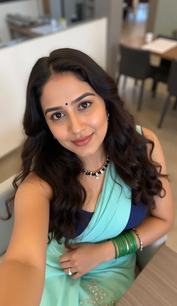 The image is a selfie of a young Indian woman  sitting  on a chair . Bindi on forehead,She is wearing a traditional design with black beads, or a mix of black and gold beads in her neck, She is wearing a light blue saree and dark blue blouse. She has long ...