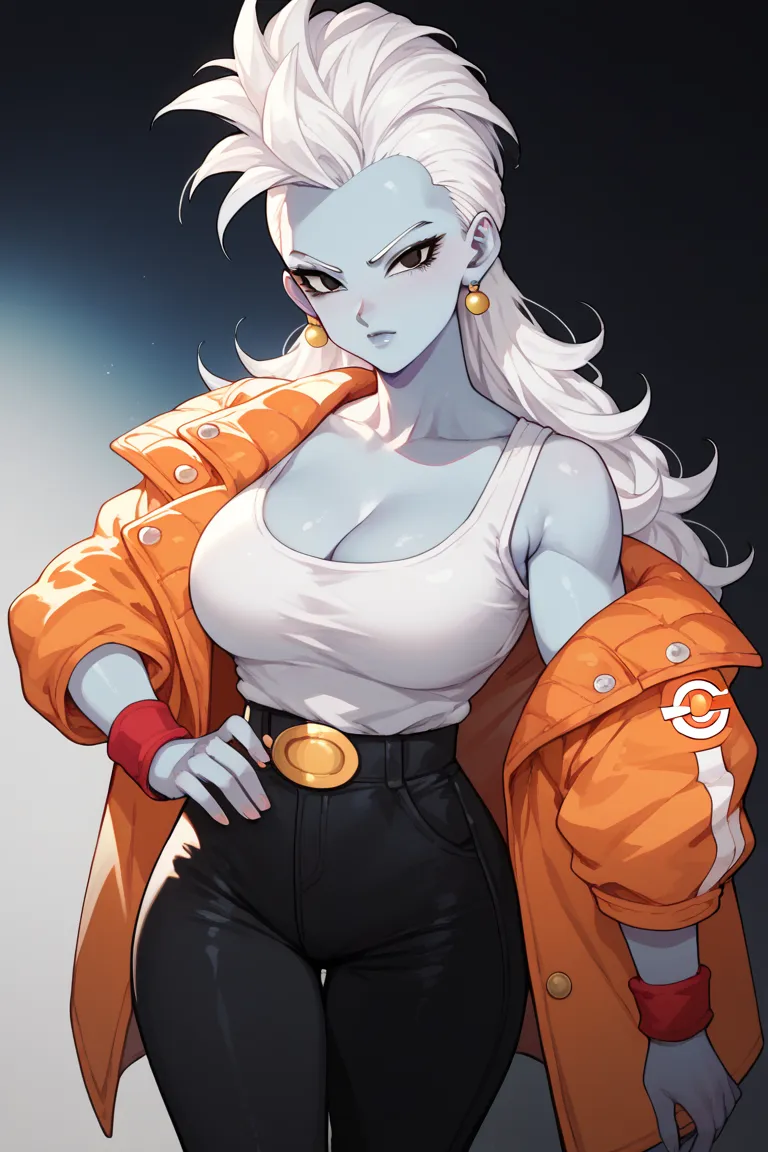 Mature woman, blue skin, white hair, long hair, mohawk hair, dragon ball style clothes, dragon ball style, anime style, black eyes,Colin black,Orange jacket, red wristband , black pants, tight clothes