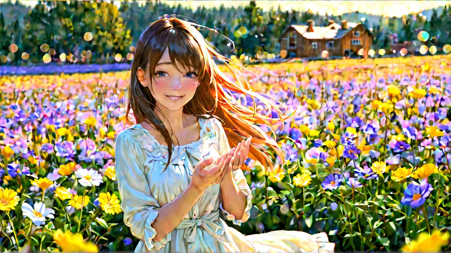 Beautiful Girl,Rape flower field,Soft Breeze,beautiful smile,long hair,Slender expression, Modest Gesture , soft skin, pretty atmosphere ,4K,8k,Superbly detailed,realistic,Professional,bright colors,Bokeh,natural light,warm, Countryside,soft wind,comfortab...