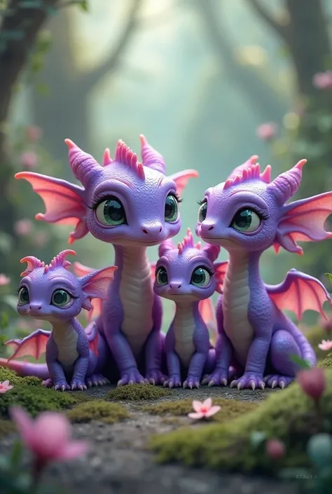 Four baby purple dragons with white  green eyes