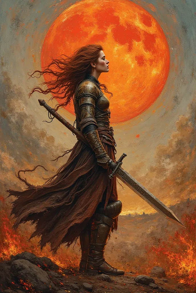 Tips: Strongly influenced by Van Gogh's oil paintings, acrylic plaster oil painting, depicting a beautiful female warrior on a battlefield of fire, with messy brown-red hair, wearing a rusty metal leather armor robe, holding a long sword and looking into t...