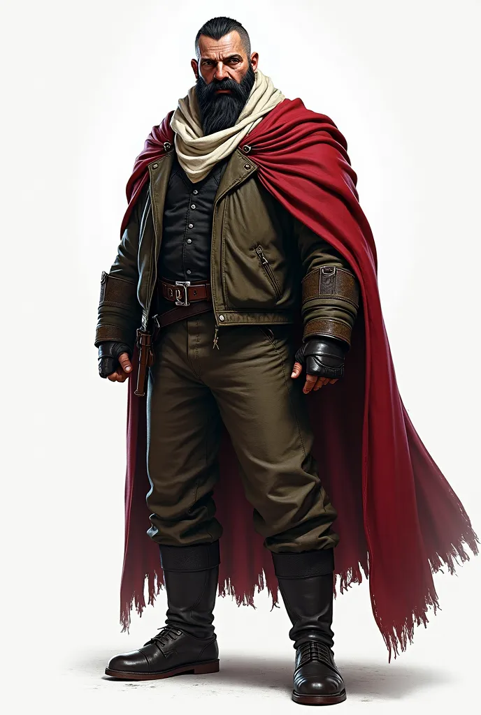 a realistic game character, male 50 years, long classic under cut hair black color, the warlus black mustache style. wearing an olive color short leather jacket, black shirt and white scarf. a royal red cape. an olive color leather pant, black shoe. leg we...