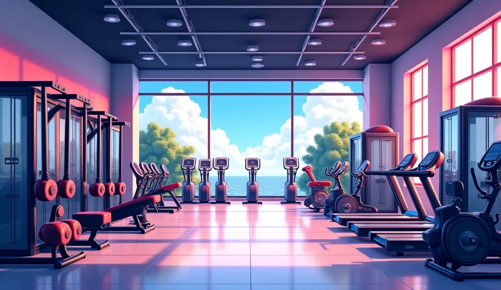 anime gym store background with many different machines, dumbells, without people